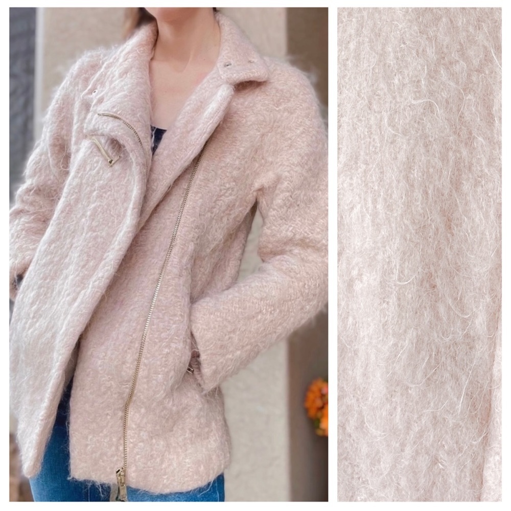 ZARA Blush Pale Pink Fuzzy Alpaca Mohair Wool
Moto Zip Jacket Coat